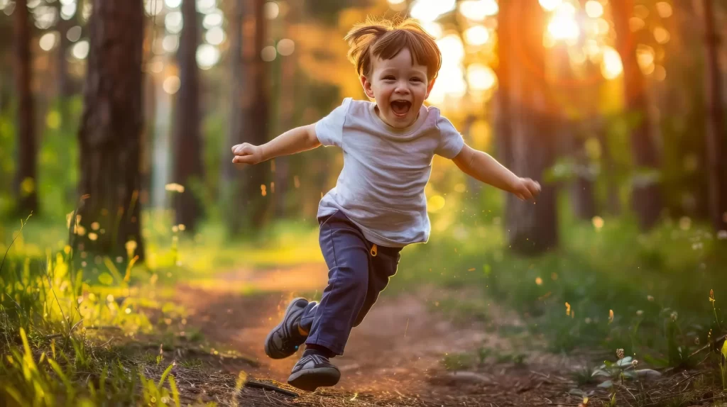 Foto de uma criança de camisa cinza e calça jeans correndo em um ambiente com árvores e grama com tênis esportivo infantil