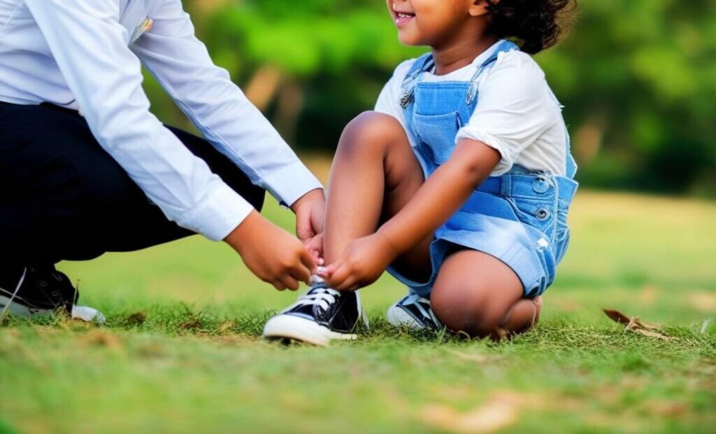 Pai ajudando filha a amarrar o cadarço do tênis dela, em um lugar gramado com árvores ao fundo.