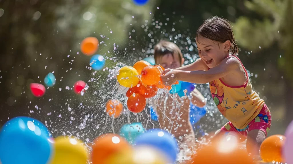 Duas crianças brincando com balões de água coloridos ao ar livre em um dia ensolarado. Uma menina está segurando vários balões de água e sorrindo enquanto os balões estouram, espalhando água ao redor. Ao fundo, outra criança também está se divertindo com os balões. A cena é cheia de cor e energia, com balões de água vermelhos, laranja, amarelos e azuis espalhados pelo chão.