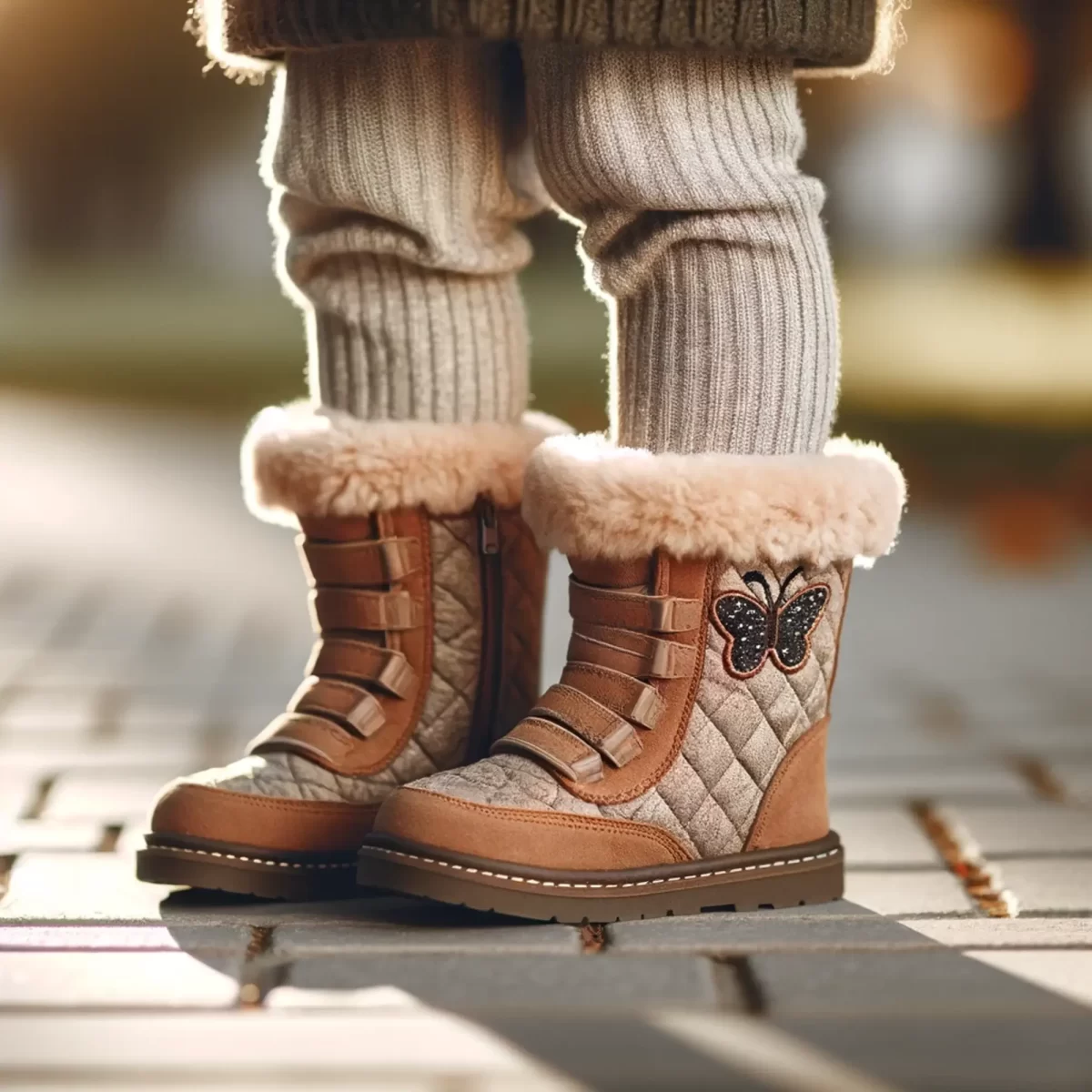 Imagem de uma criança usando uma bota infantil de inverno marrom com forro felpudo e detalhe de borboleta. A cena é ao ar livre em um calçadão, capturando um dia agradável e fresco. A ênfase está nas botas e nas pernas da criança, vestidas com calças de lã cinza.