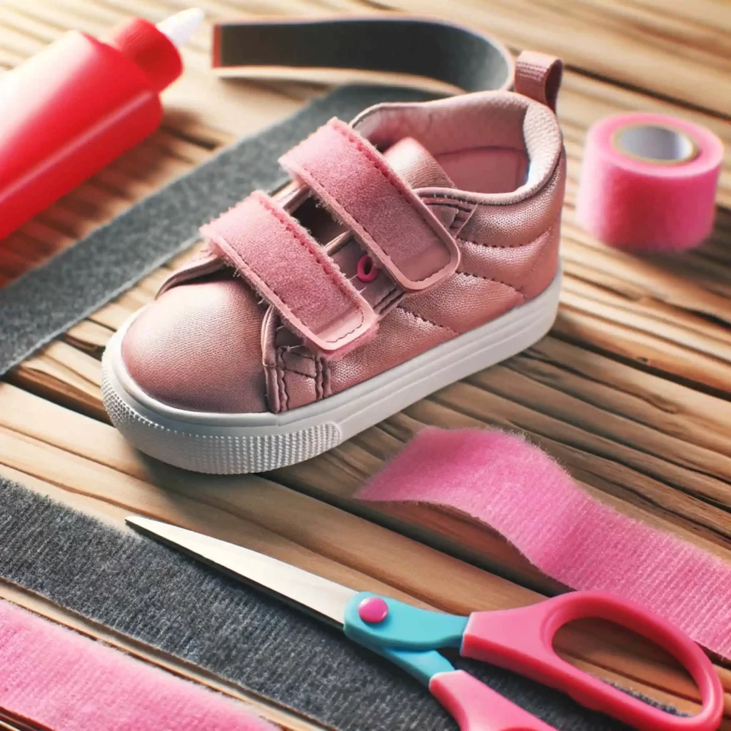 Tênis infantil com velcro feminino rosa, junto com uma tesoura e uma tira de velcro em uma superfície de madeira.