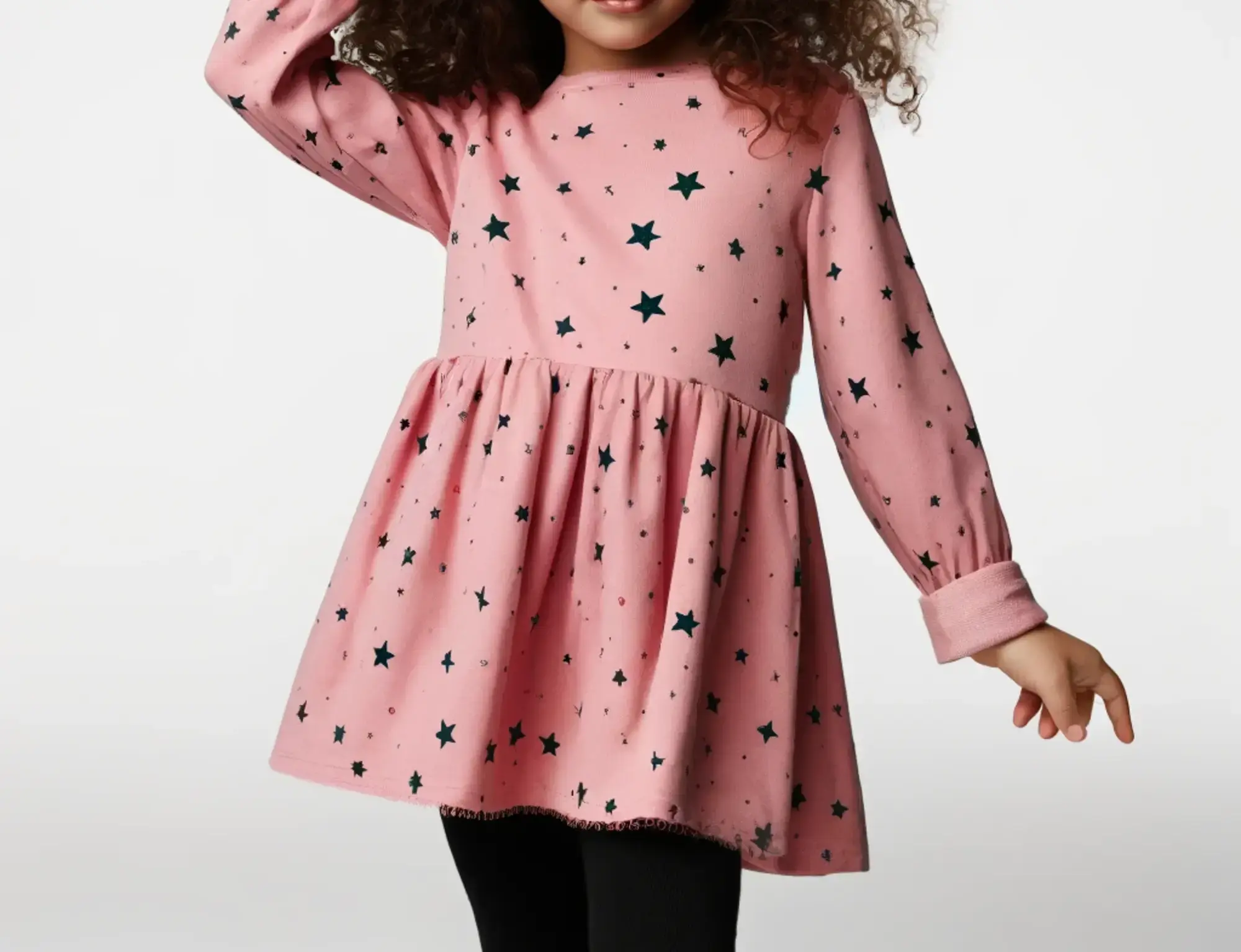 Uma menina com cabelo cacheado, vestindo um vestido rosa com estampas de estrelas e meia calça infantil preta. Ela está em uma pose confiante, com uma mão no quadril e a outra tocando o cabelo.