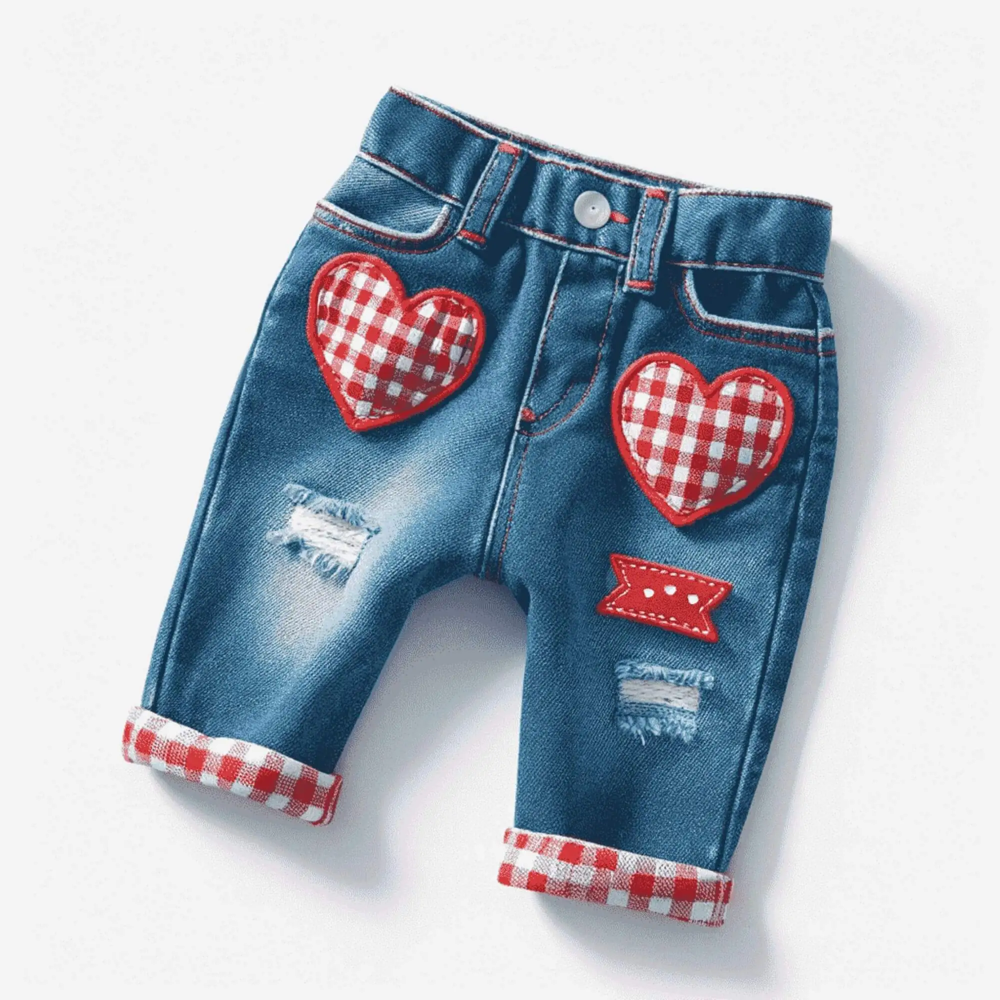 Jeans azul infantil com remendos xadrez vermelhos e brancos em forma de corações e uma faixa. As barras das calças estão dobradas com tecido xadrez vermelho e branco correspondente. Os jeans estão dispostos planos sobre um fundo branco.