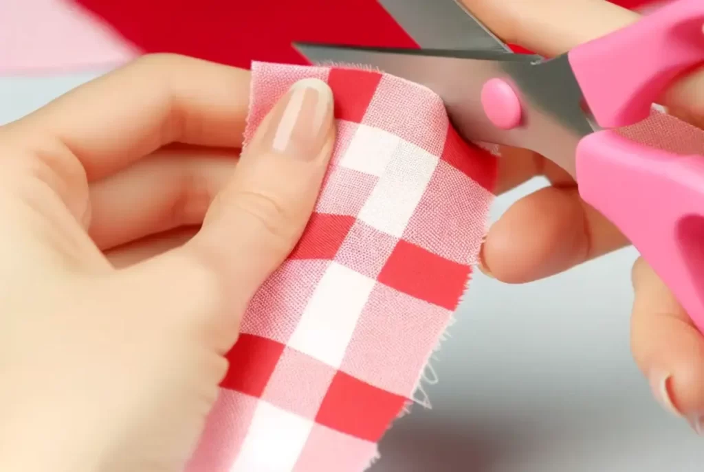 Mão segurando uma tesoura rosa cortando um pedaço de tecido xadrez vermelho e branco. No fundo, diversos pedaços de tecido xadrez em diferentes cores e formas estão espalhados sobre uma superfície clara.