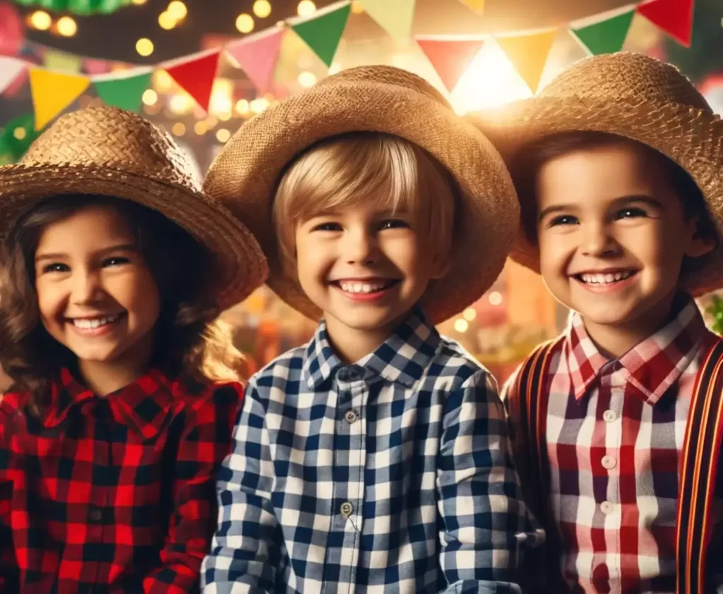 Três crianças vestidas com trajes tradicionais da Festa Junina, usando chapéus de palha e camisas xadrez. Elas estão sorrindo e rindo, com decorações festivas e luzes coloridas ao fundo.