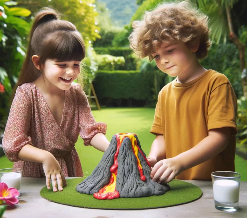 Duas crianças realizando um experimento científico de vulcão ao ar livre. Uma menina, vestindo uma roupa floral, sorri enquanto um menino, vestindo uma camisa amarela, observa. Eles estão em um jardim verdejante com árvores ao fundo. O vulcão, feito de argila, está sobre uma mesa, com lava vermelha e amarela escorrendo pelos lados.