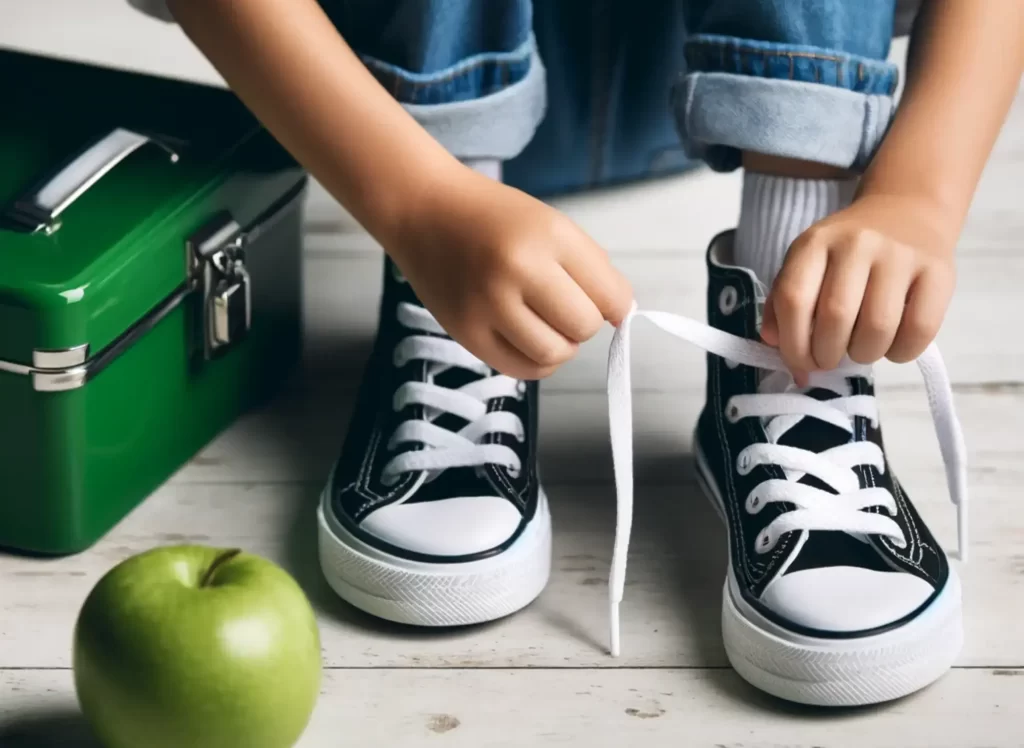 Criança amarrando os cadarços de seus tênis pretos com detalhes brancos. Ela está vestindo calça jeans e ao lado dela há uma maçã verde e uma lancheira sobre o chão. A cena sugere um momento de preparação, possivelmente para a escola ou uma atividade ao ar livre.