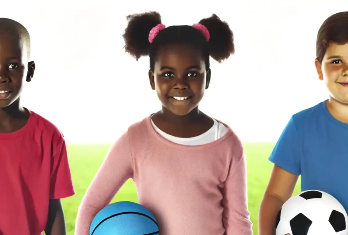 Três crianças de pé em um campo gramado, cada uma segurando um tipo diferente de bola. O menino à esquerda veste uma camiseta vermelha e segura uma bola de vôlei. A menina no centro, tem cabelo preso em puffs, veste uma camiseta rosa e segura uma bola de basquete. O menino à direita veste uma camiseta azul e segura uma bola de futebol. Todos estão sorrindo e aproveitando um dia ensolarado ao ar livre.