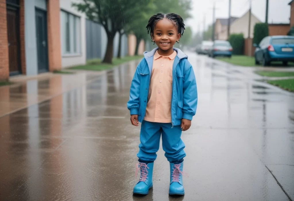 Criança vestindo uma jaqueta azul, calças azuis e botas de chuva azuis, posando em uma rua molhada após a chuva. A criança também está usando uma camisa polo laranja clara por baixo da jaqueta. O ambiente urbano ao fundo está desfocado, mostrando casas e carros estacionados, com árvores ao longo da calçada.