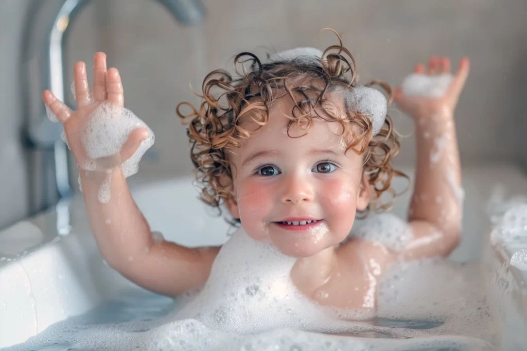 Um bebê sorridente está brincando em uma banheira cheia de espuma. Ele tem cabelos cacheados e está com as mãos levantadas, cobertas de bolhas de sabão. Sua expressão é alegre e divertida. O ambiente ao redor é iluminado e aconchegante, com uma torneira visível ao fundo.