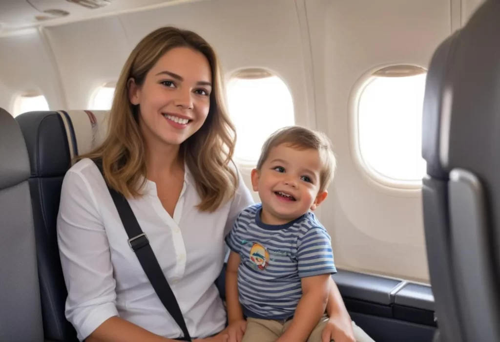 Mãe sorridente sentada no assento de um avião ao lado de seu filho pequeno, que também está sorrindo. O interior do avião é visível, com janelas ao fundo permitindo a entrada de luz natural.